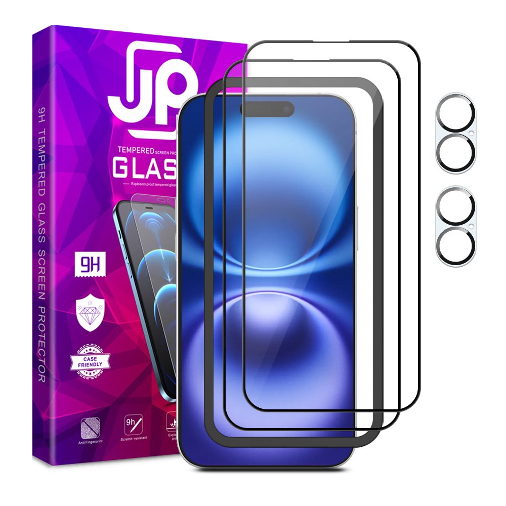 Levně JP Full Pack Tvrzených skel, 2x 3D sklo s aplikátorem + 2x sklo na čočku, iPhone 16 Plus