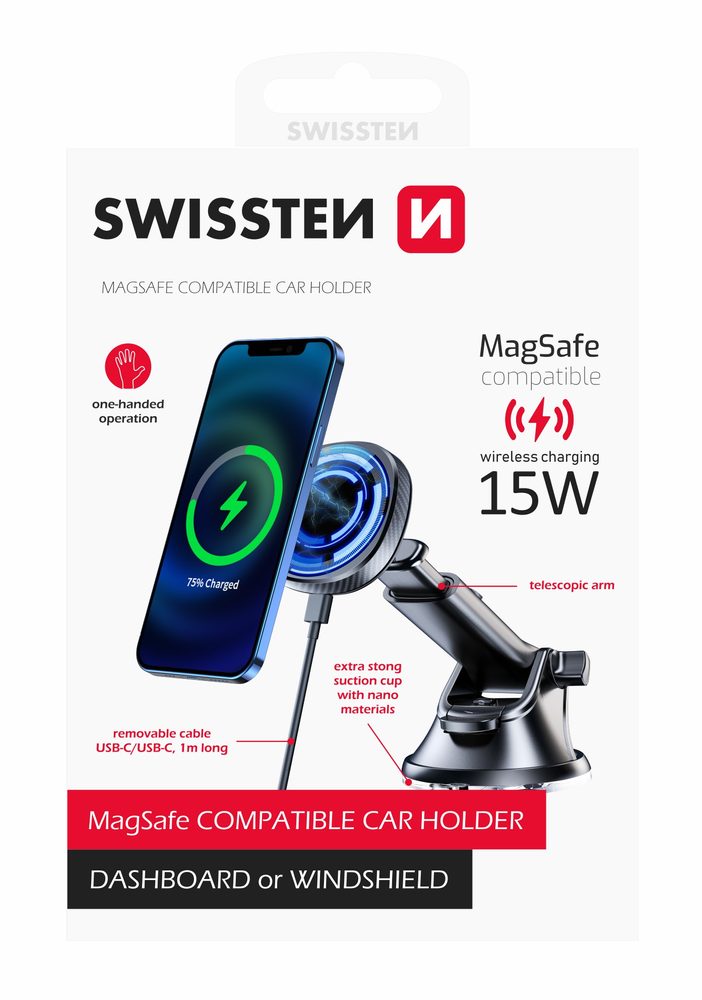 Swissten Magnetický Držiak Do Auta S Bezdrôtovým Nabíjaním Magsafe 15W