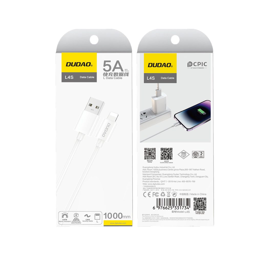 Dudao L4SL kábel USB-A - Lightning, 2A, 1 m, biely