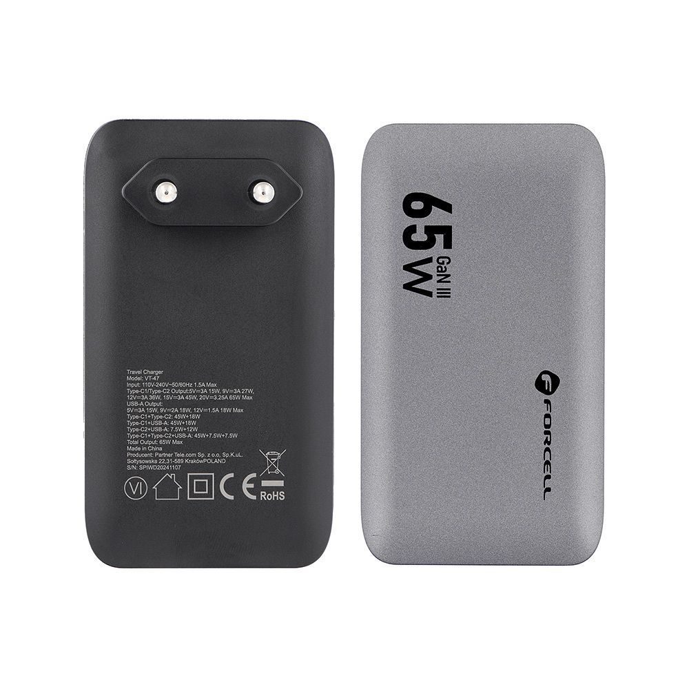Forcell F-Energy ultratenká nabíjačka VT-47, 2x USB-C + USB-A, 4A, 65W, sivá