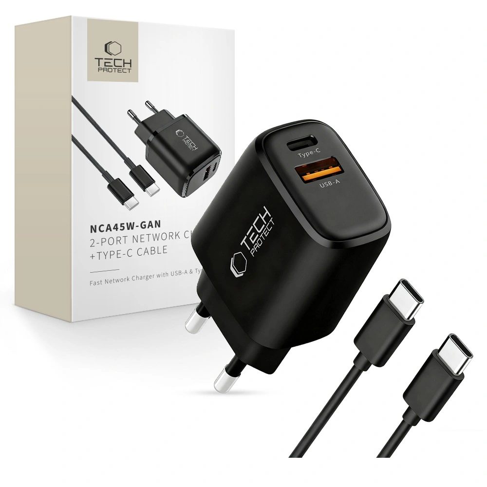 Tech-Protect NCA45W-GAN 2-portová nabíjačka PD 45W / QC3.0 + kábel USB-C, čierna