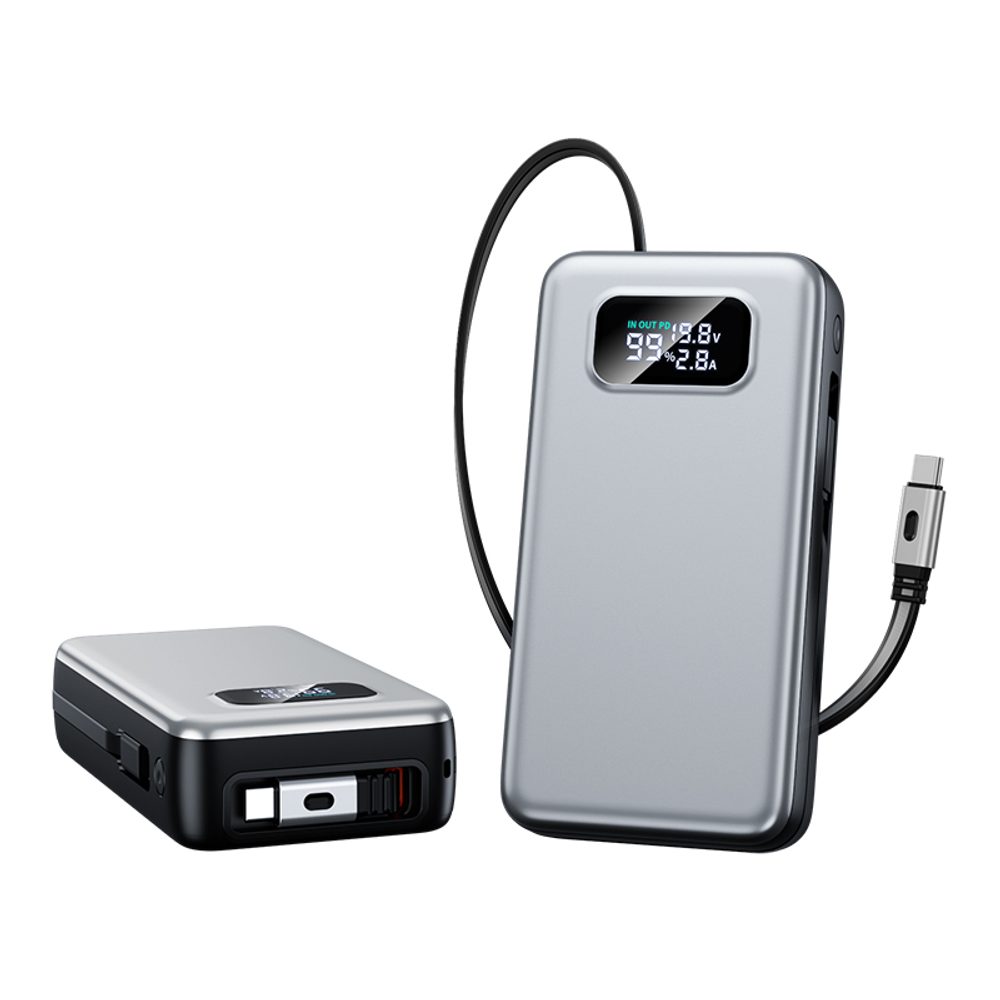 Levně Powerbanka 20 000 mAh pro notebooky s PD 65W, vestavěným výsuvným USB-C a Lightning kabelem, šedá