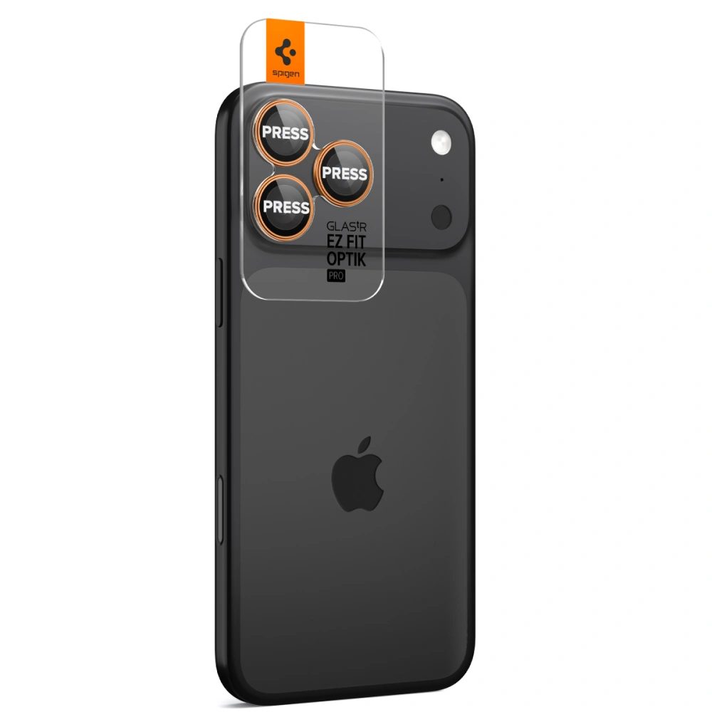 Spigen Optik.TR Ez Fit ochrana fotoaparátu, 2 kusy, iPhone 14 Pro / Max / 15 Pro / Max / 16 Pro / Max / 17 Pro / Max, oranžová