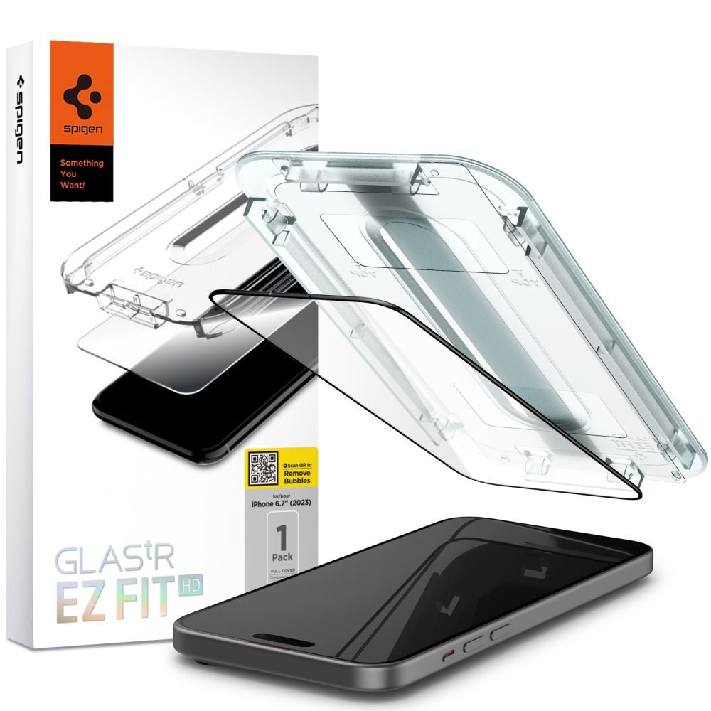 Spigen Glass.TR EZFit FC Applikátorral, Edzett üveg, IPhone 15 Plus, Fekete