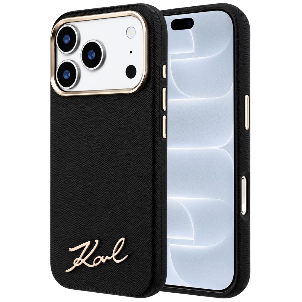 Karl Lagerfeld Saffiano Small Script Metal Logo MagSafe zaštitna maska, iPhone 17 Pro / 18 Pro, crna