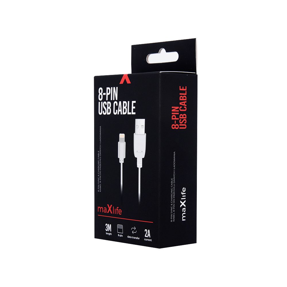 Maxlife USB - Lightning Kábel, 2A, 3m, Fehér