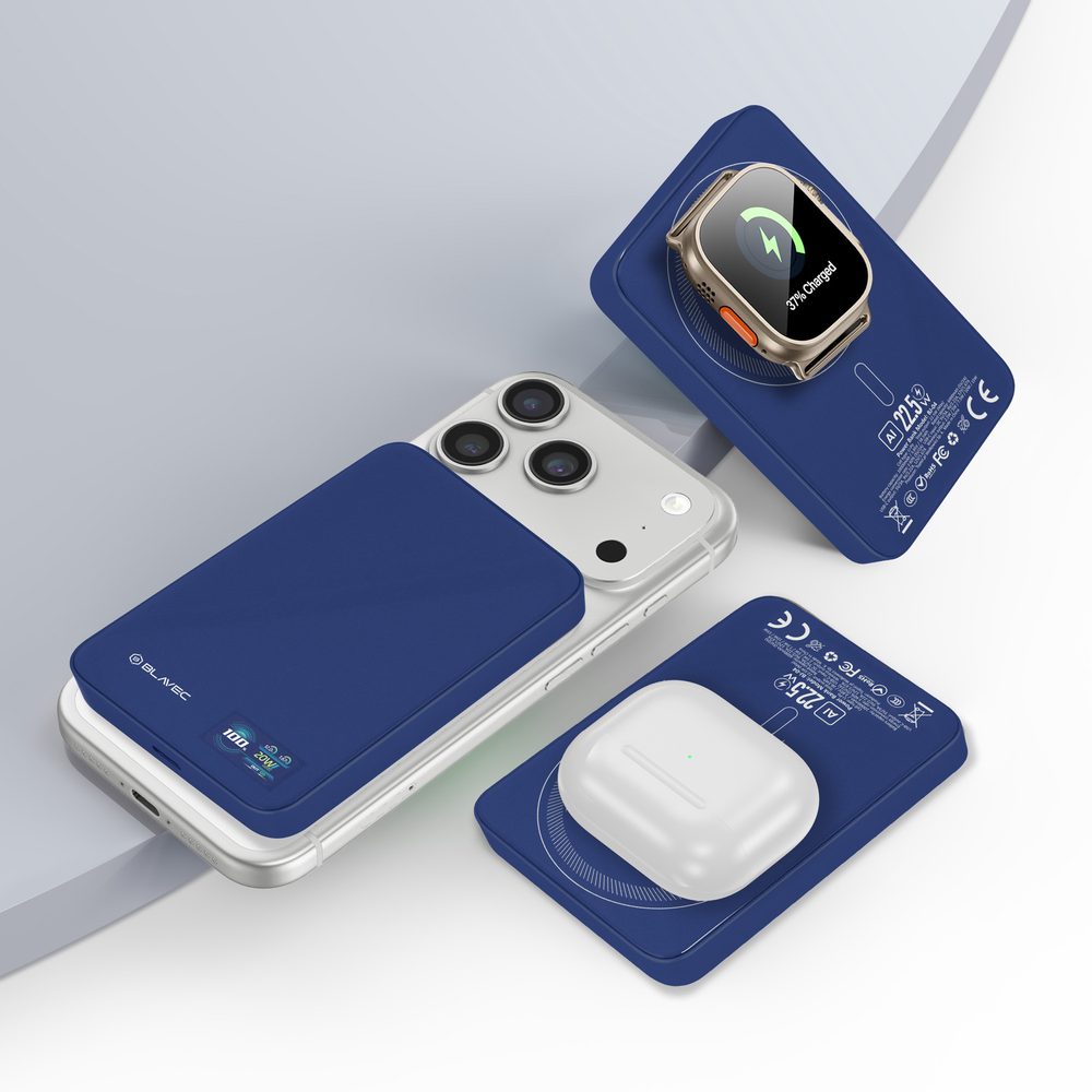 Blavec BJ-04 Slim 3v1 MagSafe powerbanka USB-C, 10000mAh, 22,5W, modrá
