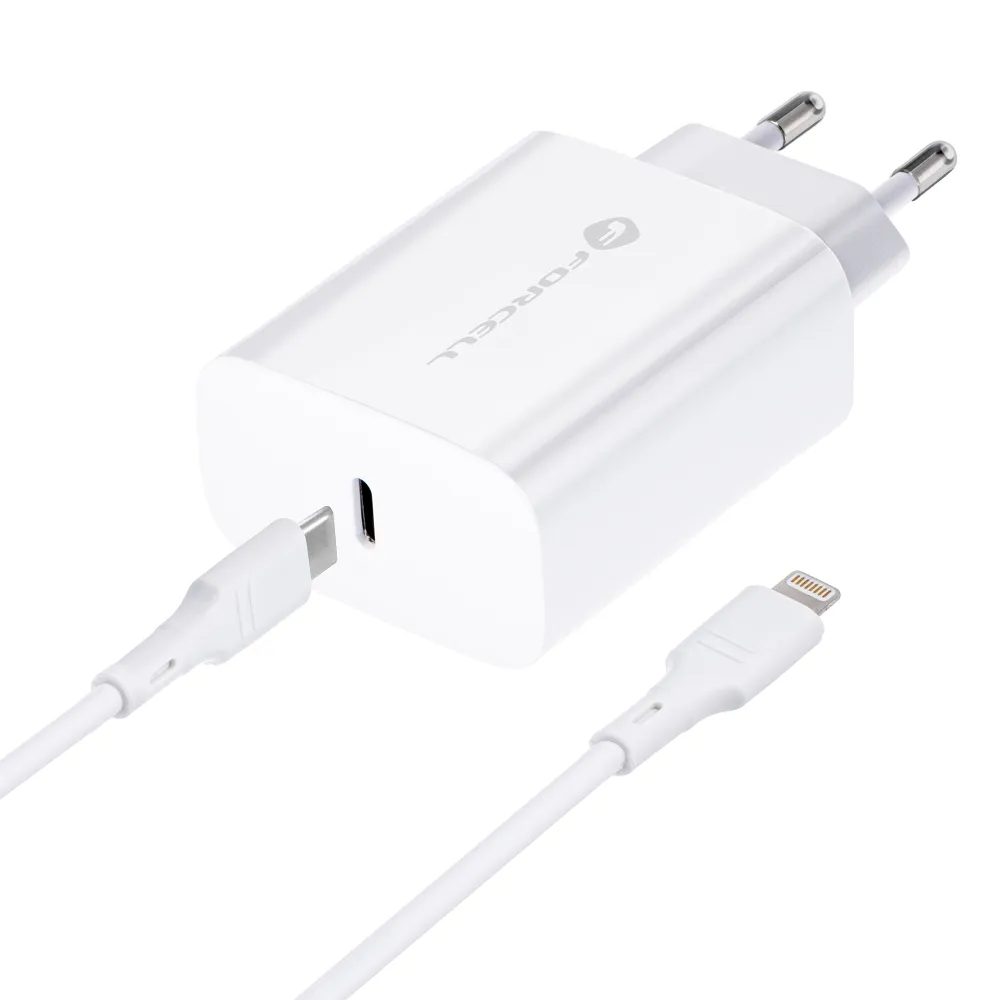 Forcell Napájacia Nabíjačka S Konektorom USB-C A Káblom Lightning, 3A, 20W S Funkciou Nabíjania PD A QC 4.0, 1,2 M