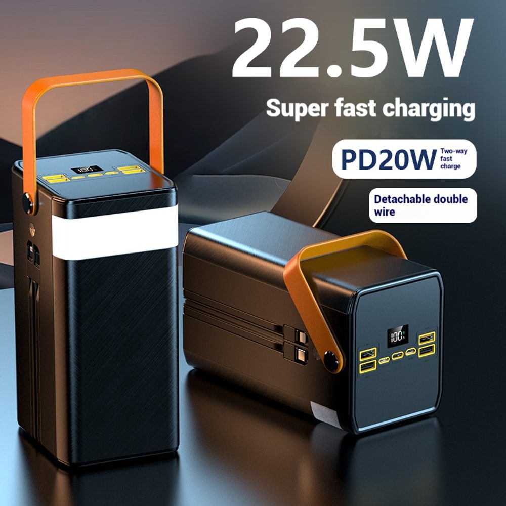Powerbanka 120 000 mAh, 22,5W PD, 4 USB + 2 káble, LED svetlá, čierna