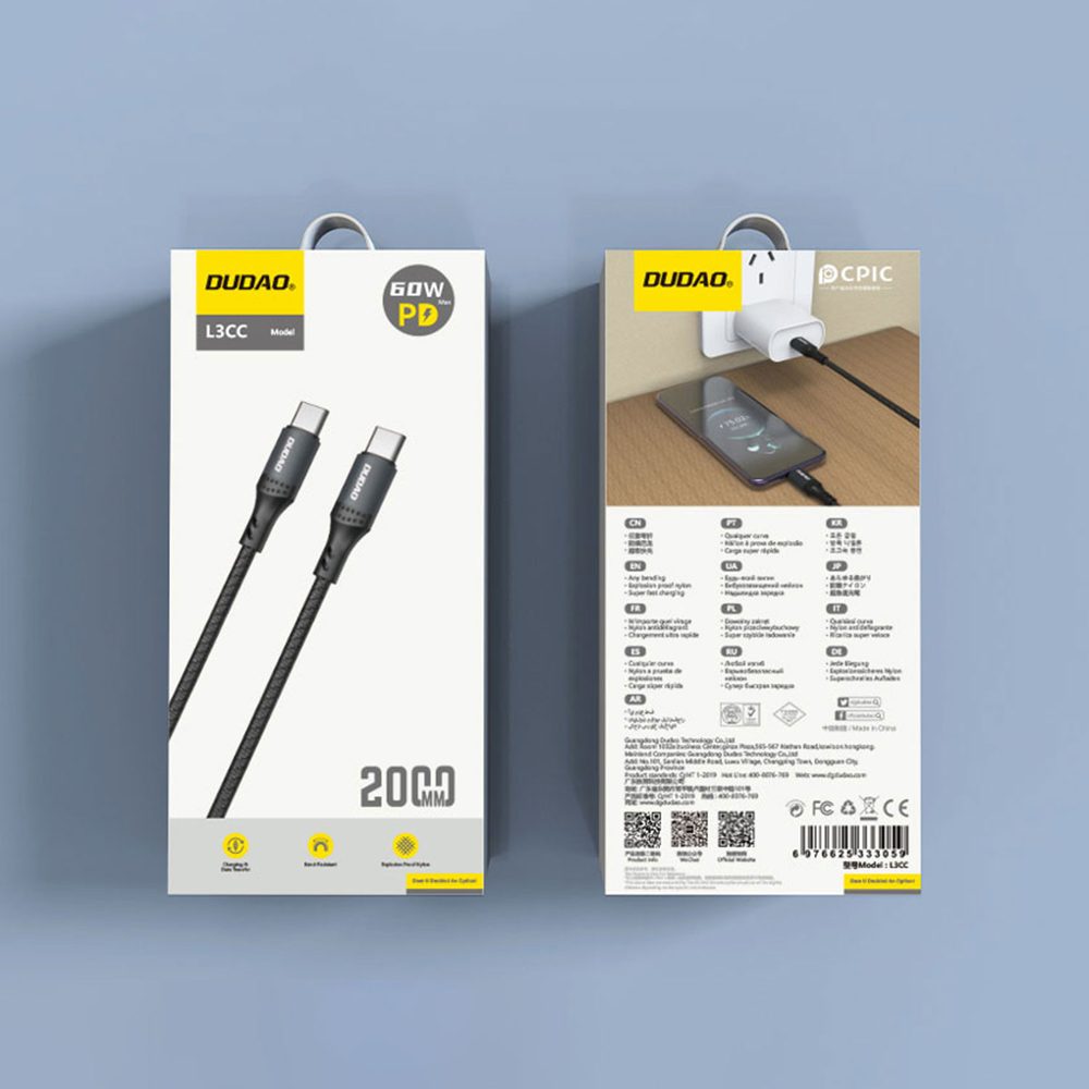 Dudao L3CC kábel USB-C - USB-C, 60W, 2 m, čierny