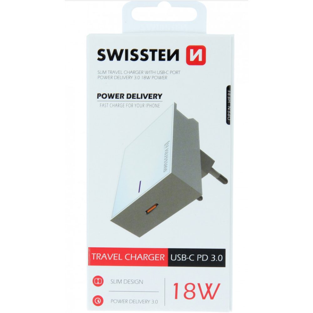 Swissten Síťový Adaptér Power Delivery 3,0, USB - C, 18W, Bílý