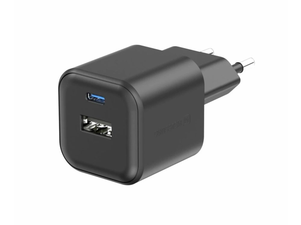 Swissten GaN hálózati adapter 1x USB-C 20W PD és 1x USB-A 18W QC, fekete színben