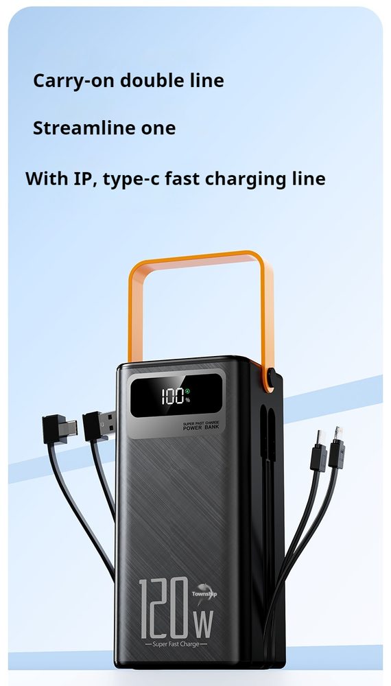 Powerbanka 80 000 mAh, 120W PD + QC, 4 USB + 2 káble, LED svetlo, čierna