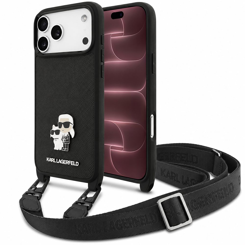 Husa pentru Apple iPhone 18 Pro Max / 17 Pro Max, Karl Lagerfeld, Saffiano Crossbody Metal Pin Karl & Choupette, Neagra
