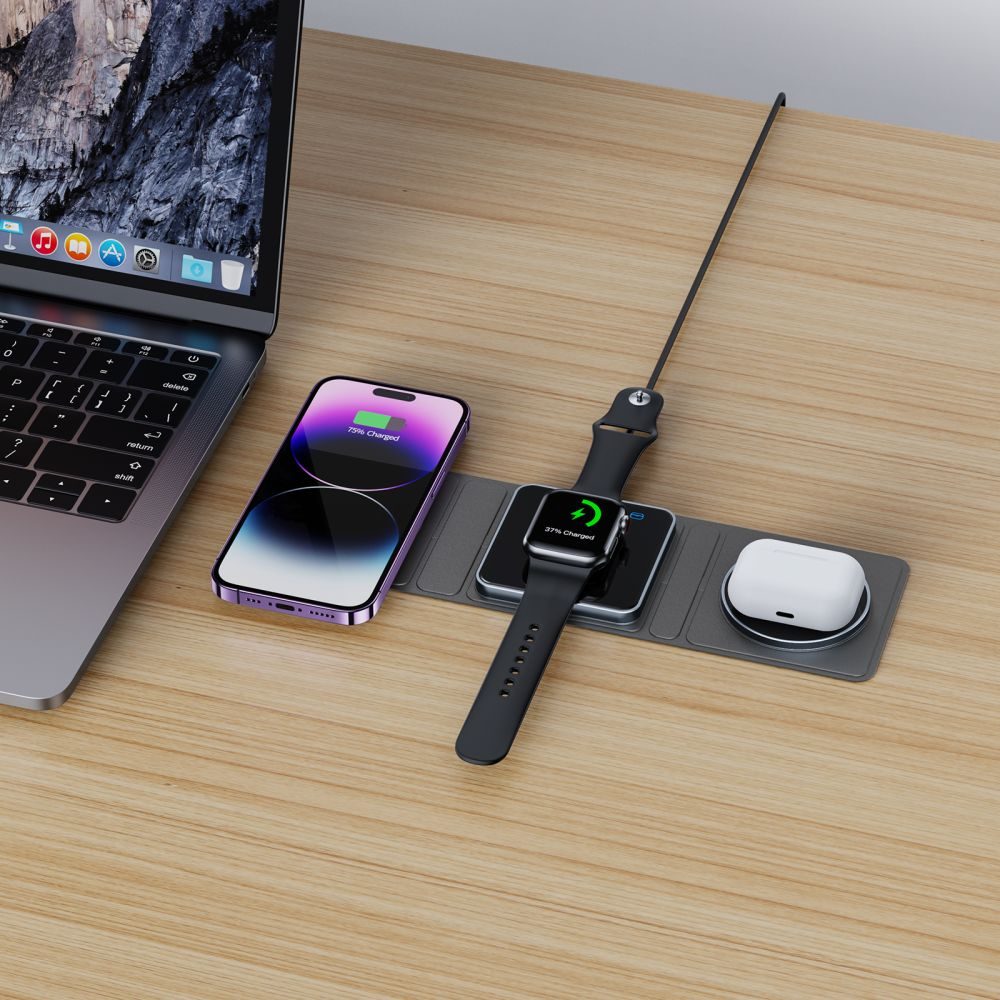 Tech-Protect QI15W-A31 3in1 MagSafe Mágneses Vezeték Nélküli Töltő, Fekete