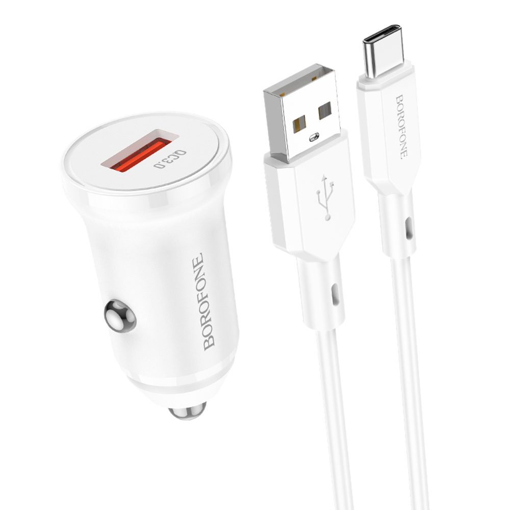 Borofone BZ18 încărcător Auto - USB - QC 3.0 18W Cu Cablu USB-C, Alb