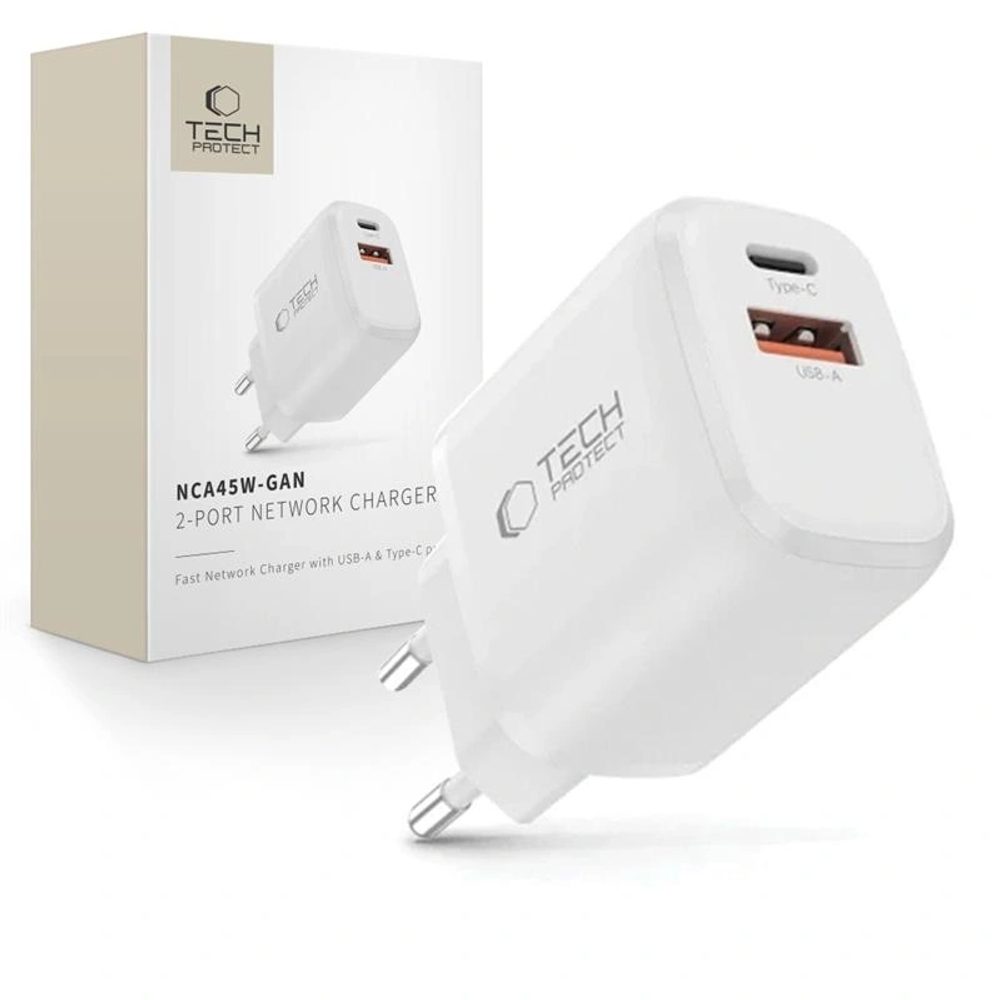 Levně Tech-Protect NCA45W-GAN 2-portová síťová nabíječka PD45W / QC 3.0, bílá