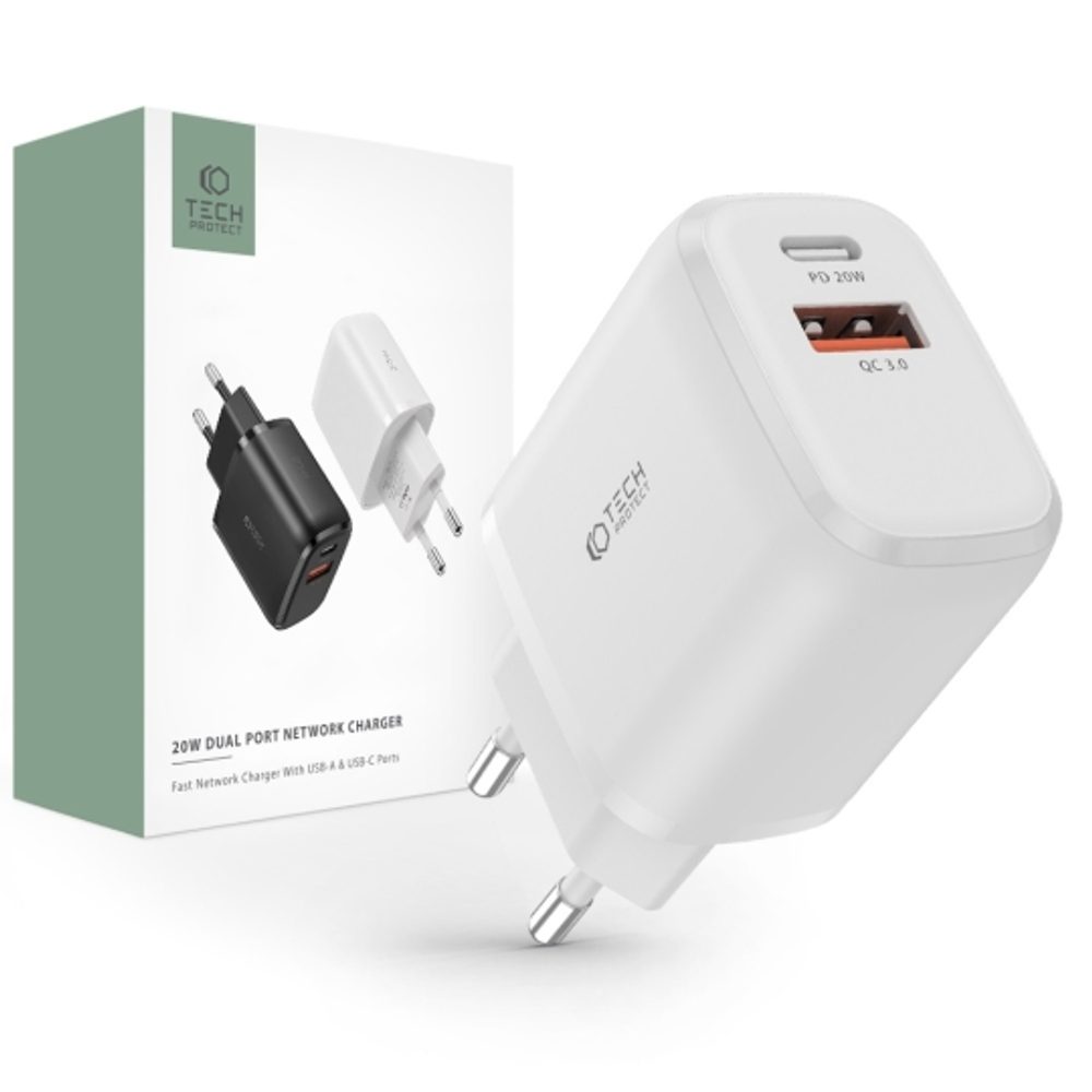 Tech-Protect C20W 2-portová Nabíječka, PD20W/QC3.0, Bílá