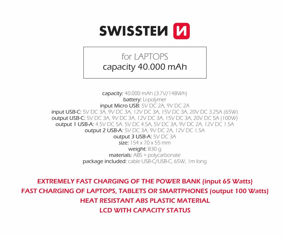 Swissten Power Line PowerBanka, 40 000 MAh, 100W, Power Delivery, černá