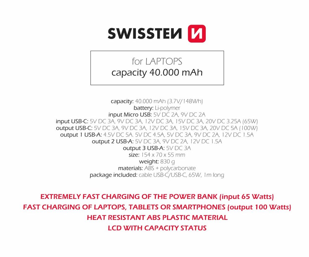 Swissten Power Line PowerBank, 40 000 MAh, 100W, Power Delivery, Fekete