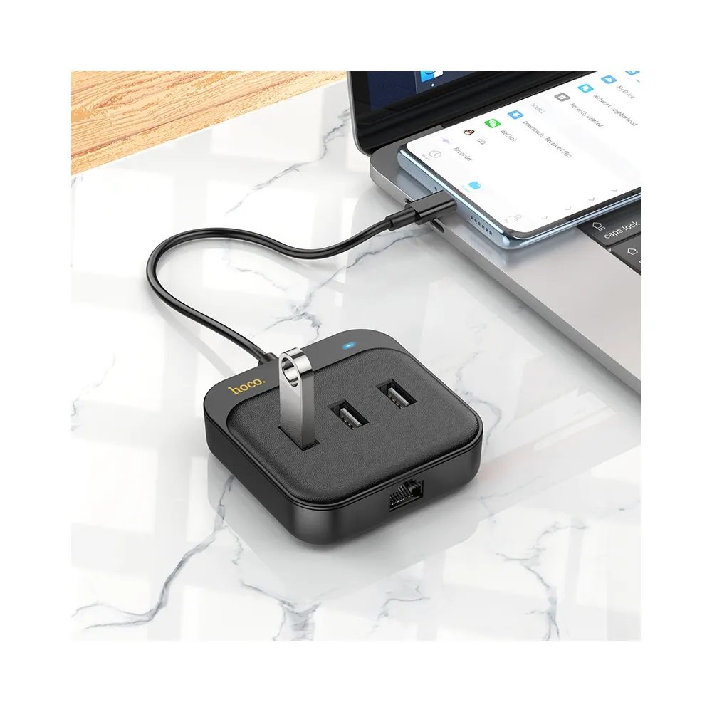 Hoco HUB 4-v-1 USB-C Do 3x USB2.0 + RJ45, 100 Mb/s Ethernet, 0,2 M, črna (HB35)