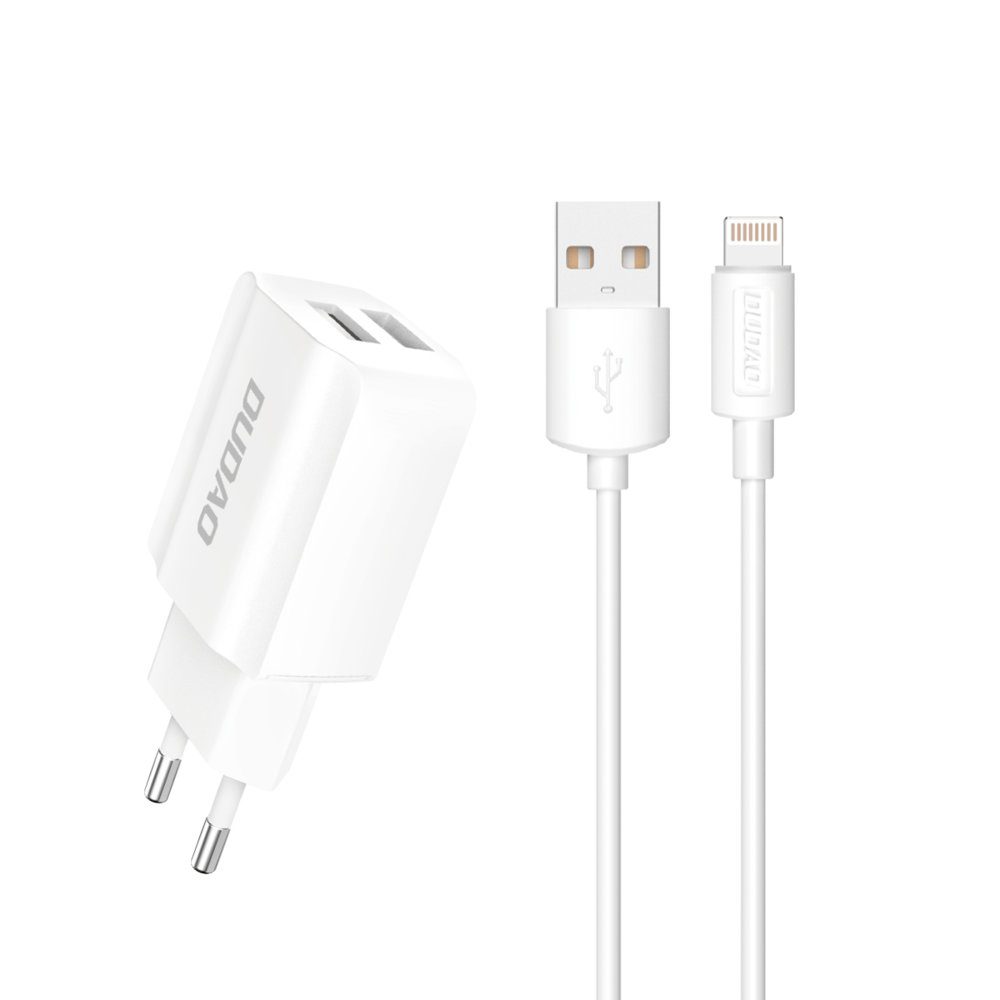 Dudao Töltő, 2x USB 5V / 2,4 A + Lightning Kábel, Fehér (A2EU + Lightning, Fehér)