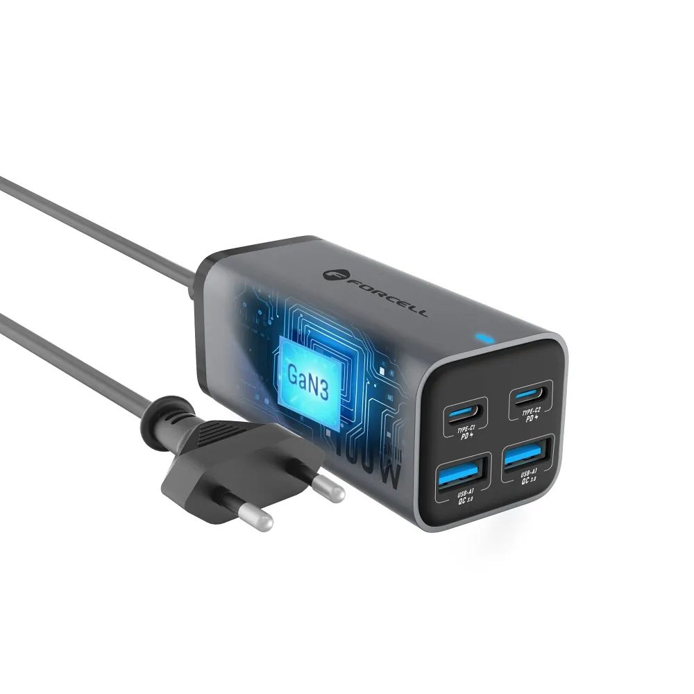 Forcell stolová nabíjačka 2x USB-C, 2x USB-A, 100 W, sivá