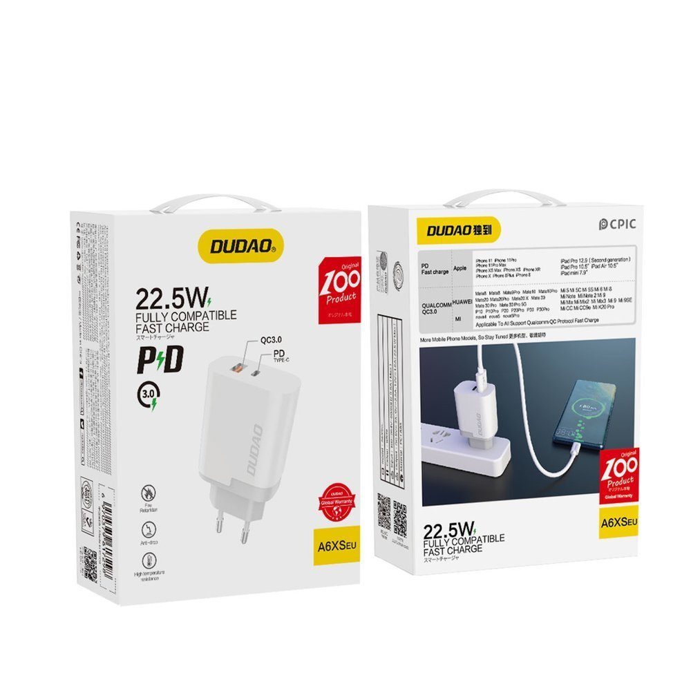 Dudao USB - USB-C, Power Delivery, Quick Charge 3.0, 3A, 22.5W, Töltő, Fehér, A6xsEU