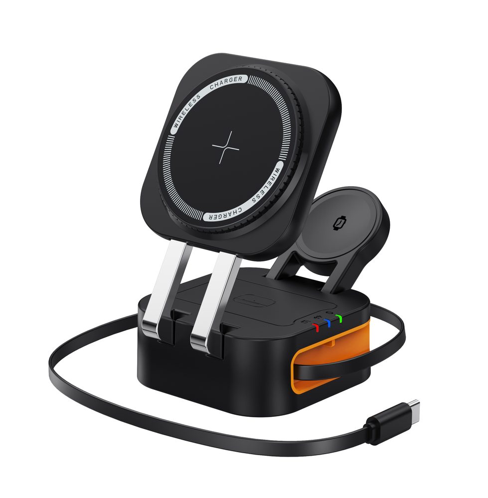 4 az 1-ben vezeték nélküli töltő mobiltelefonhoz, okosórához, fülhallgatóhoz, kihúzható USB-C kábellel, Qi, 25W, fekete