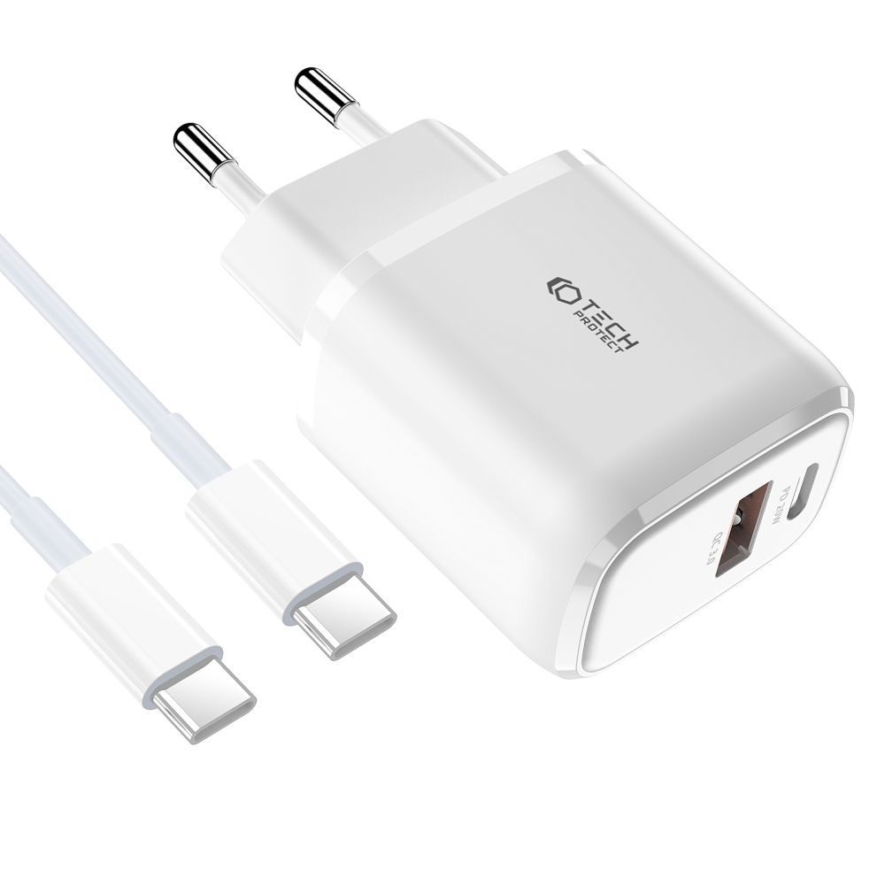 Tech-Protect C20W 2 Portos PD20W / QC3.0 Hálózati Töltő + USB-C Kábel, Fehér