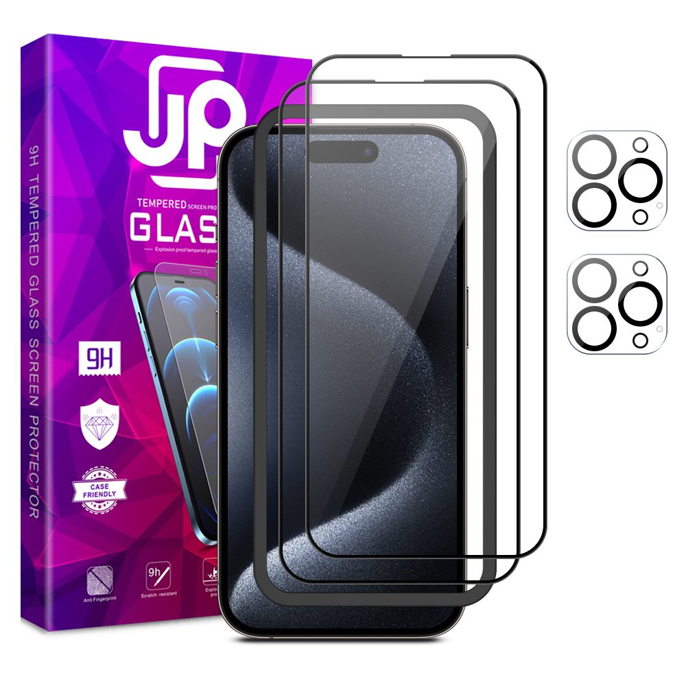 JP Full Pack Tvrzených Skel, 2x 3D Sklo S Aplikátorem + 2x Sklo Na čočku, IPhone 15 Pro MAX