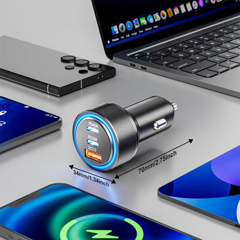 Techsuit autonabíjačka (C6), USB + 2× USB-C, 60W, strieborná