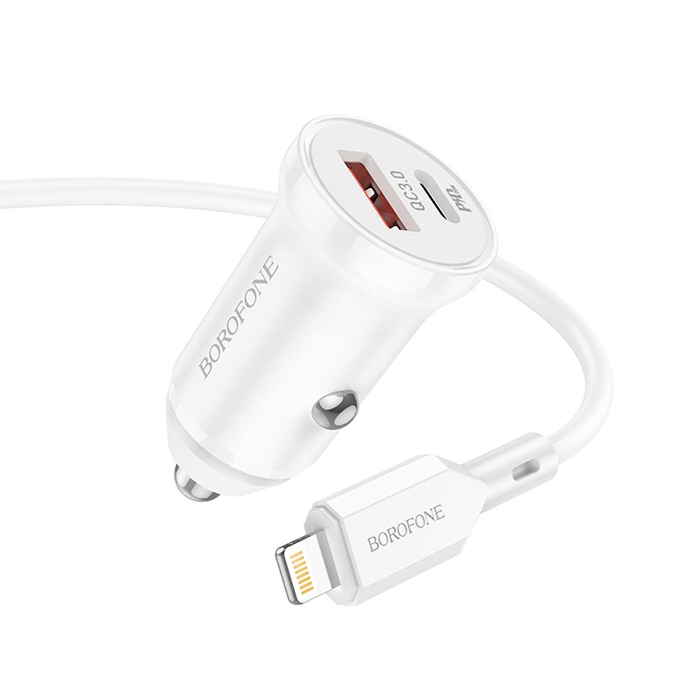 Borofone BZ18A Nabíječka Do Auta - USB-C + USB - PD 20W QC 3.0 18W S Kabelem USB-C - Lightning, Bílá