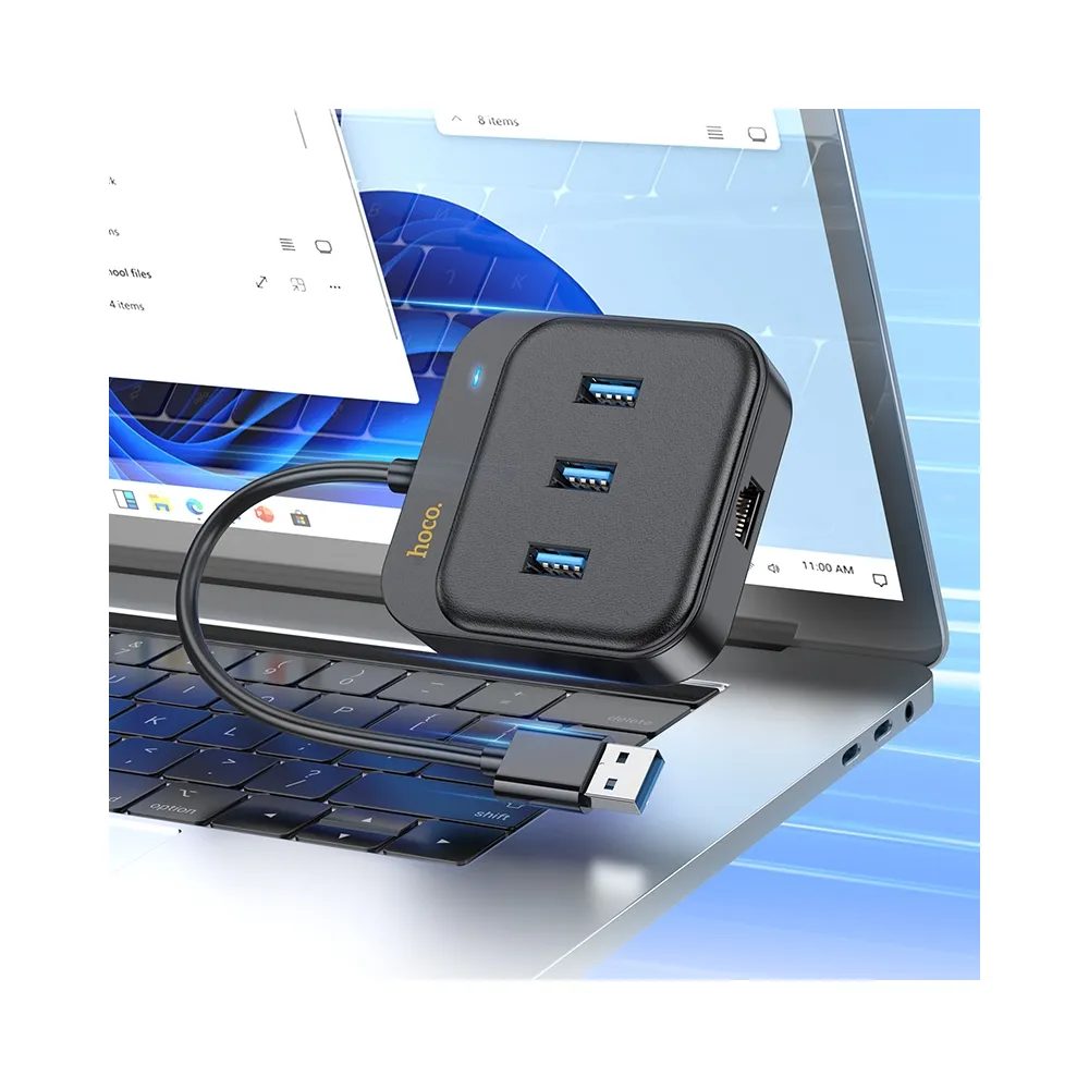 Hoco Adaptér HUB 4v1 USB Na 3x USB3.0 + RJ45, Gigabit Ethernet, 1,2 M, čierny (HB35)