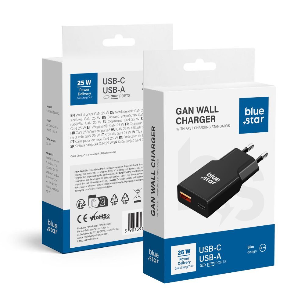 Levně BlueStar Slim adaptér USB-C + USB-A, GaN, 25W, černý