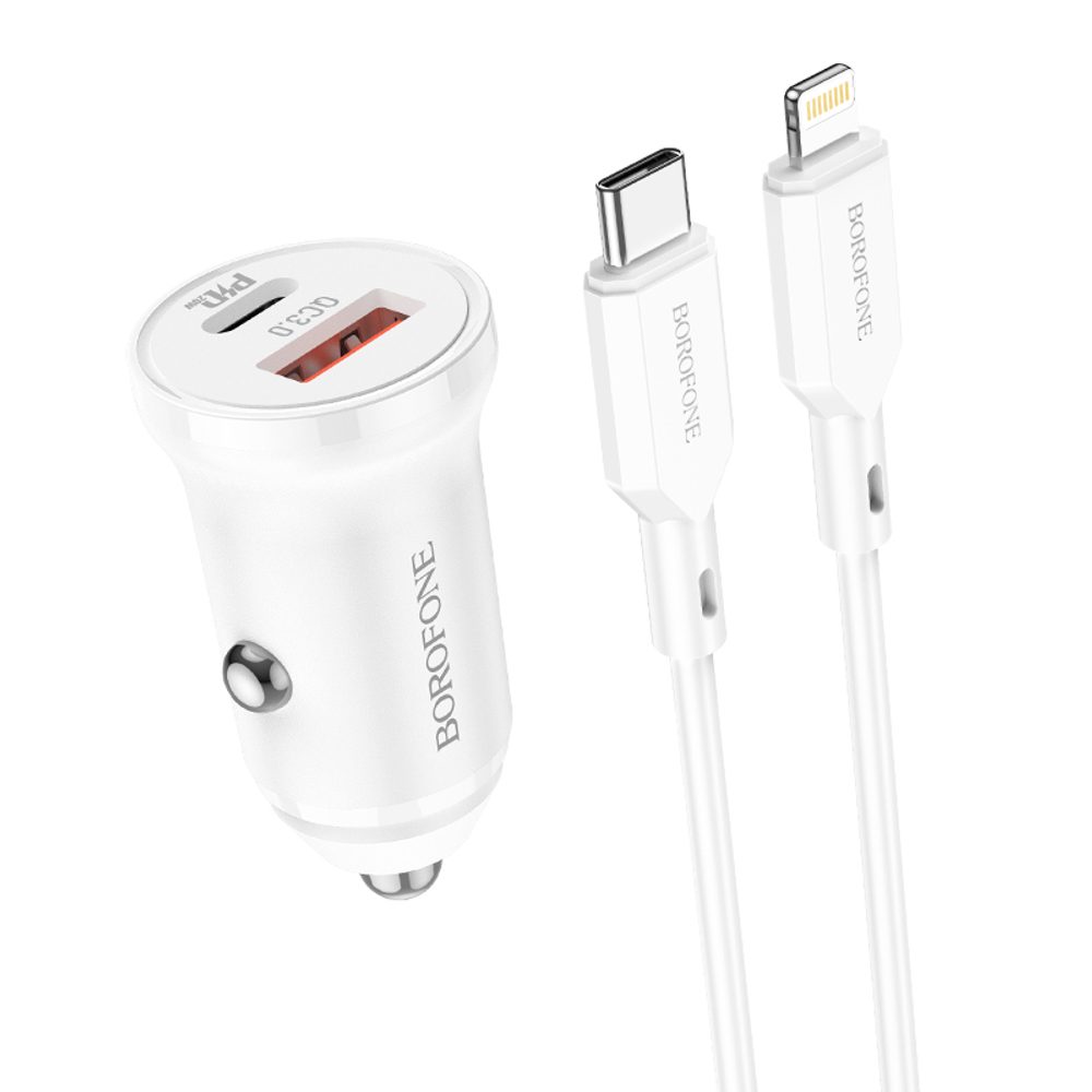 Borofone BZ18A Autós Töltő - USB-C + USB - PD 20W QC 3.0 18W USB-C - Lightning Kábellel, Fehér