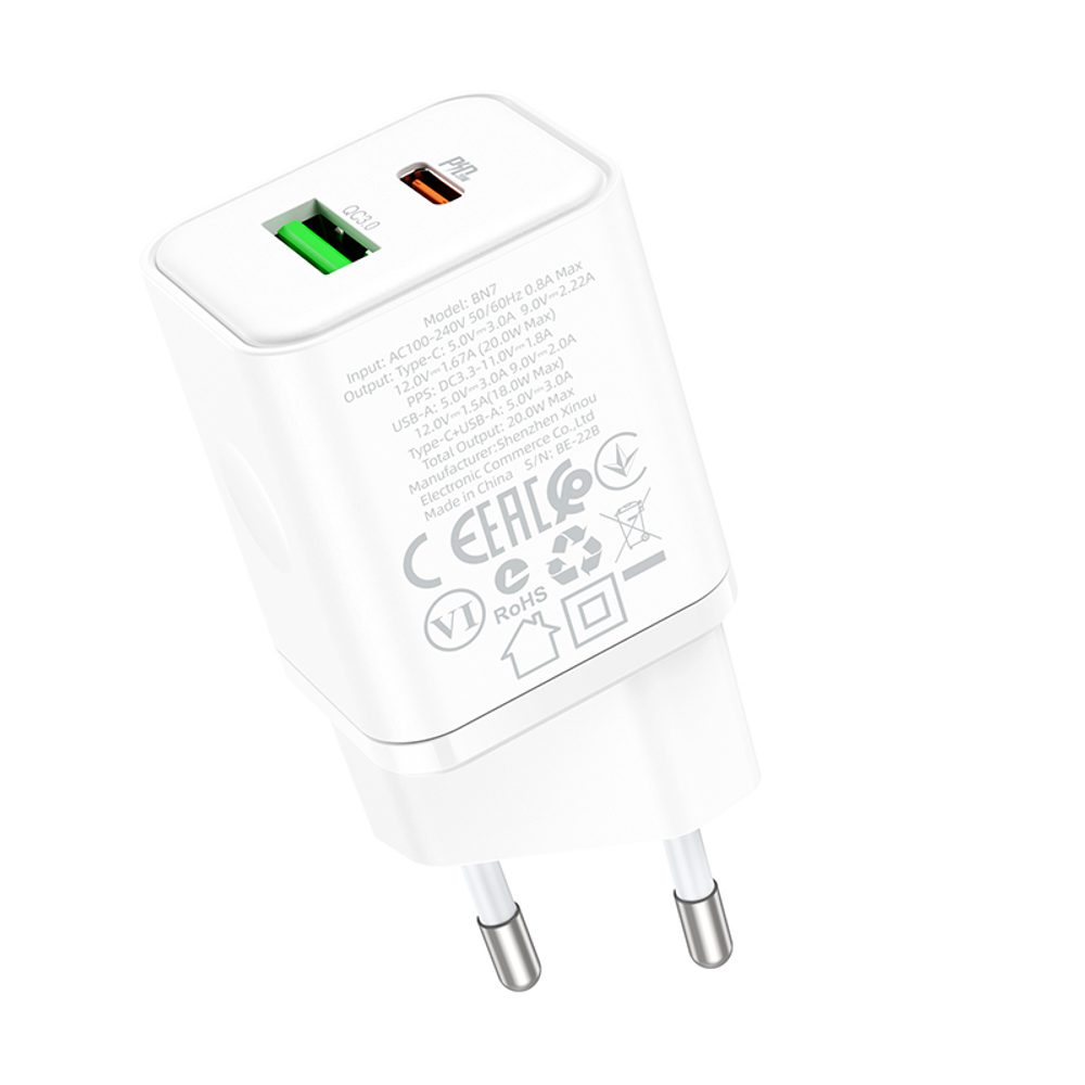 Borofone BN7 nabíjačka, USB + USB-C, QC 3.0, PD 20W, biela