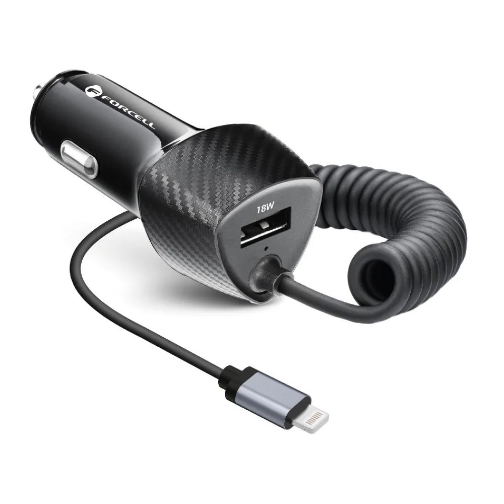 Forcell Carbon USB QC 3.0 18W-os Autós Töltő Lightning Kábellel, PD20W CC50-1AL, Fekete