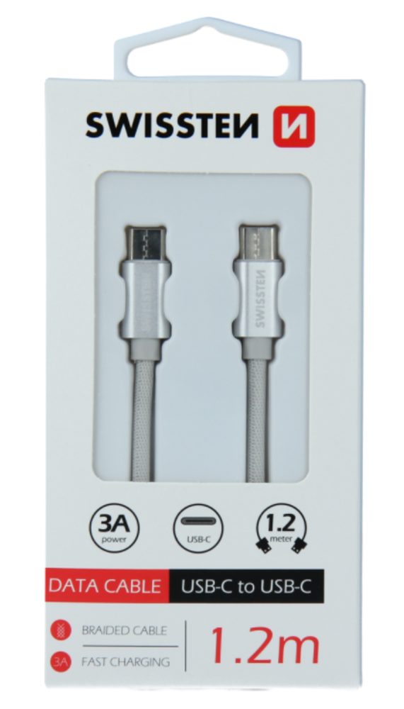 Swissten Tekstilni Podatkovni Kabel, USB-C / USB-C, 1,2 M, Srebrn