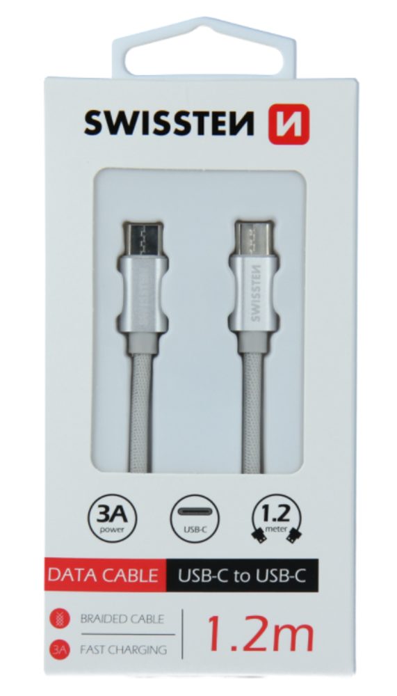 Cablu De Date Textil Swissten, USB-C / USB-C, 1,2 M, Argintiu