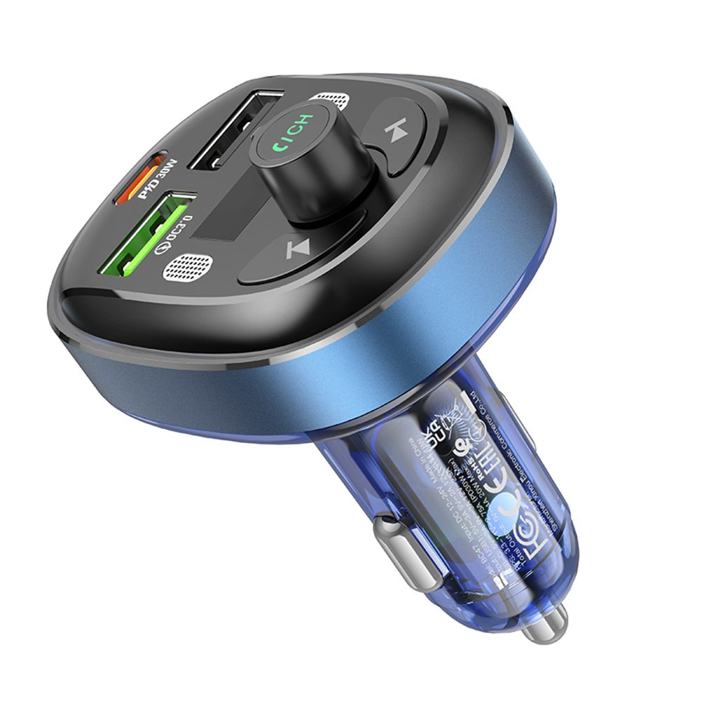 Borofone BC47 Might FM MP3 Adó, Bluetooth, 2x USB + USB-C, QC 3.0 18W, PD 30W, Kék Színű