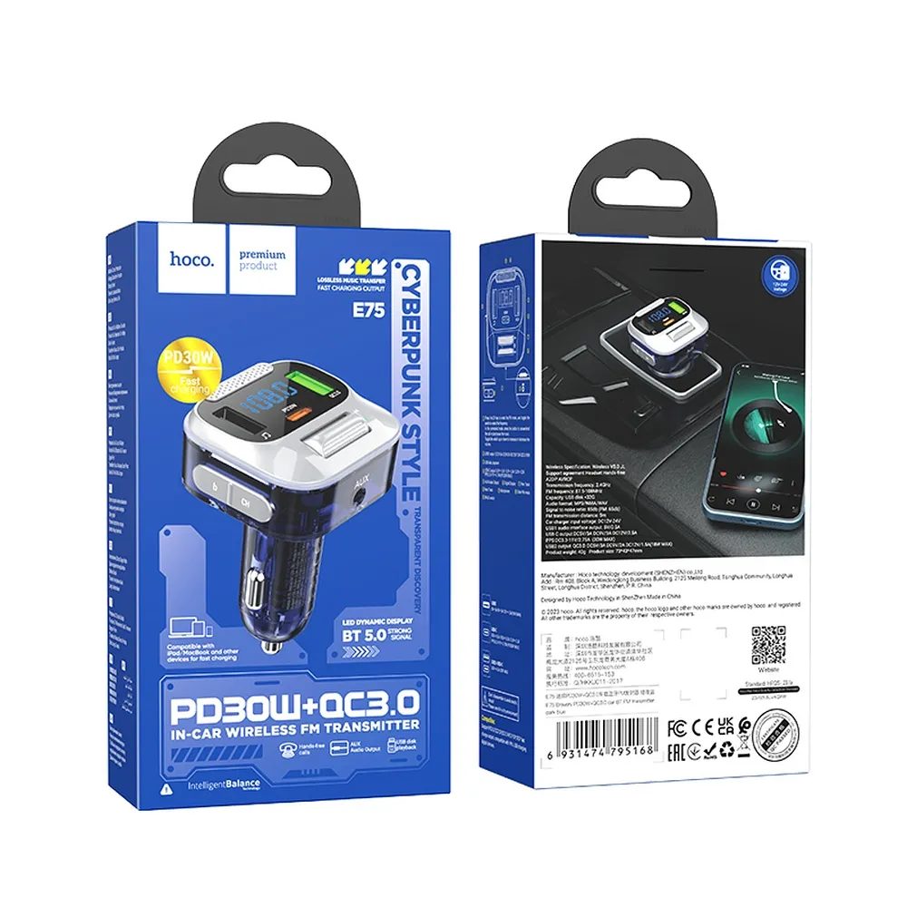 Hoco PD30W QC3.0 Autós Töltő + Bluetooth FM Adó E75, Sötétkék