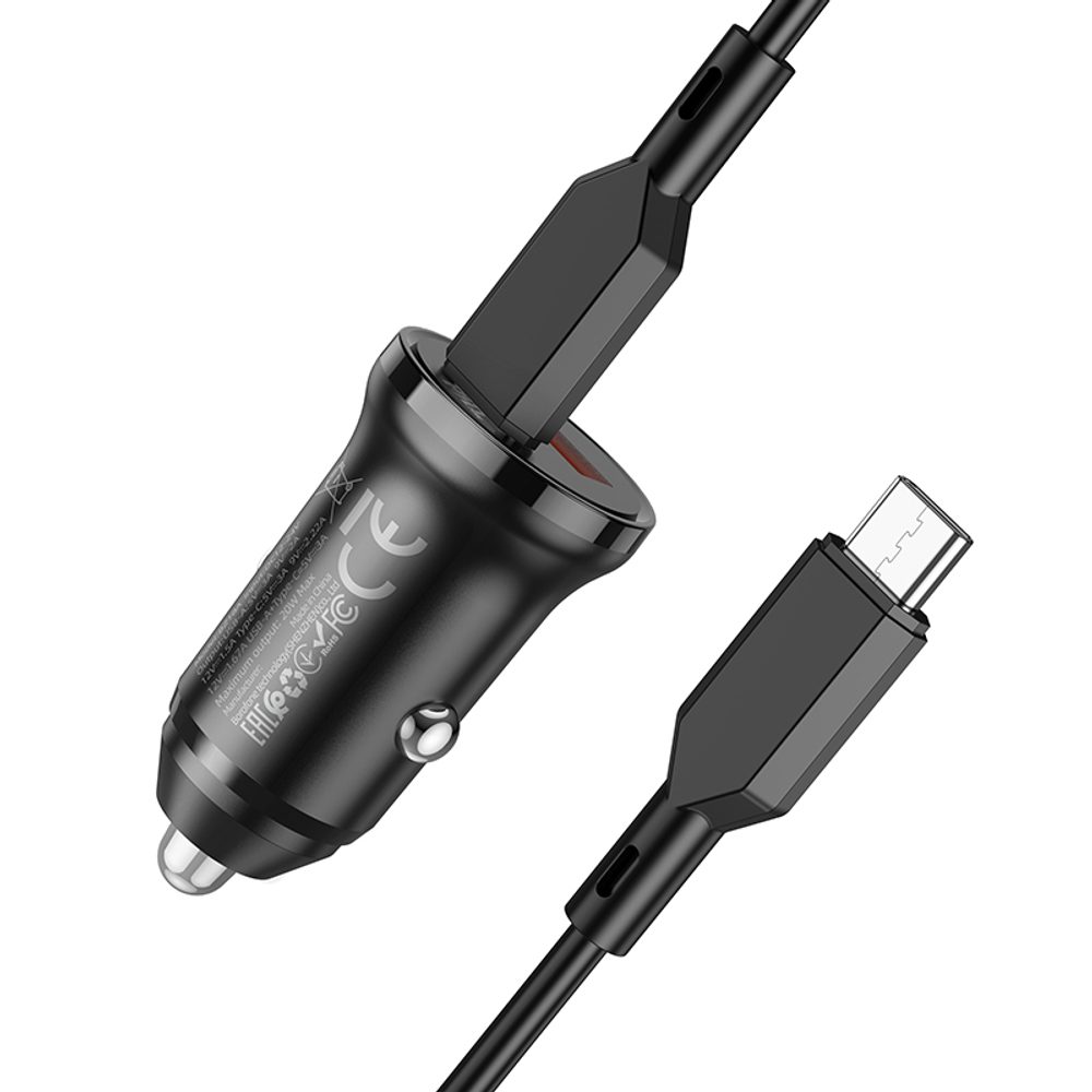 Borofone BZ18A Autós Töltő - USB-C + USB - PD 20W QC 3.0 18W USB-C-USB-C Kábellel, Fekete