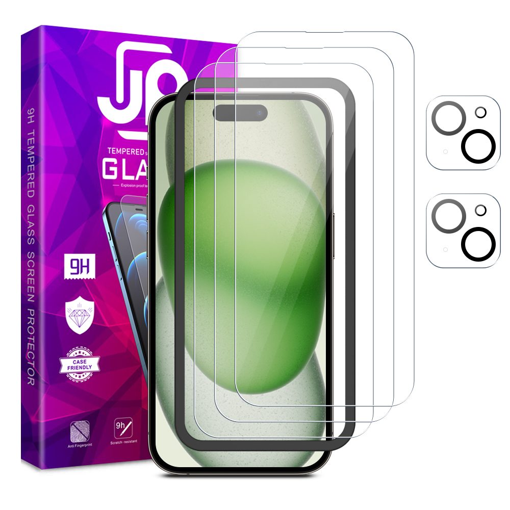 JP Mega Pack Tvrdených Skiel, 3 Sklá Na Telefón S Aplikátorom + 2 Sklá Na šošovku, IPhone 15