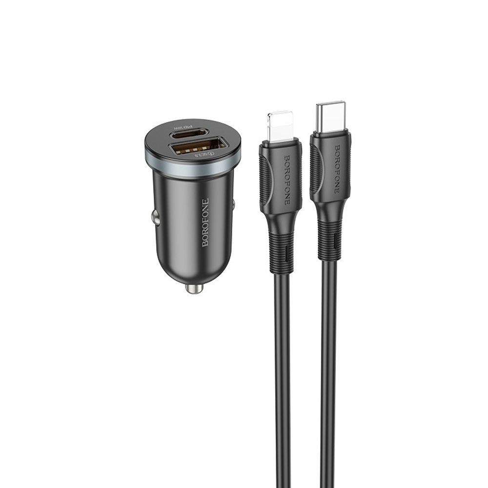 Borofone BZ22 Scenografski Avtomobilski Polnilnik, USB + USB-C, QC 3.0, PD 30 W, S Kablom USB-C - Lightning, črn