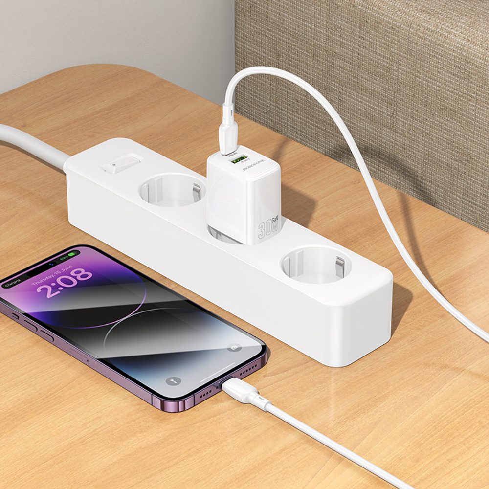Borofone adaptér BN29 Fuente - USB + USB-C, QC 3.0, PD, 30W, biely