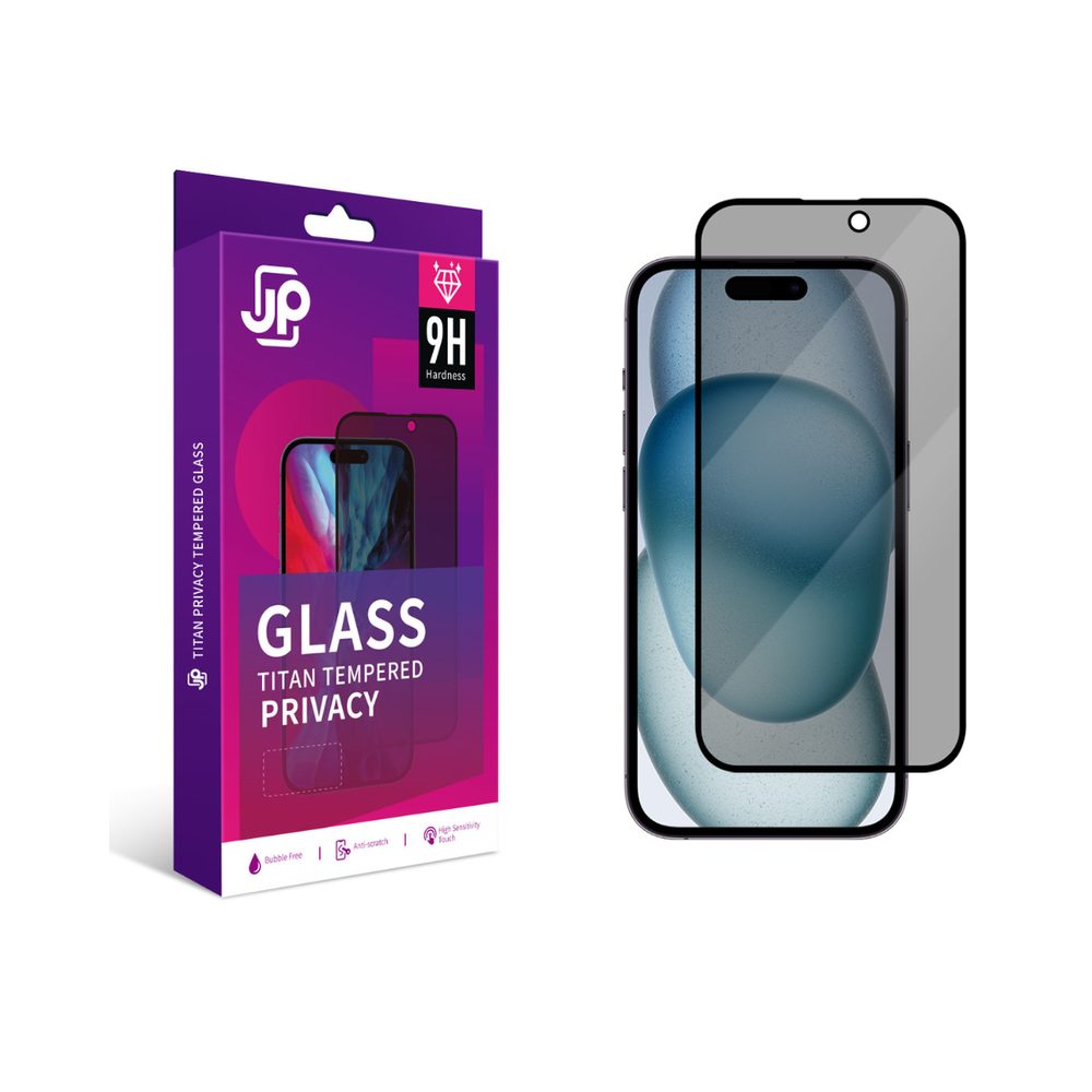 Levně JP Titan Privacy extra odolné tvrzené sklo, iPhone 13 / 13 Pro / 14 / 16e / 17e, černé