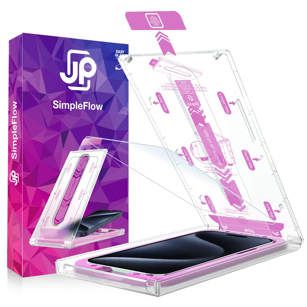 JP SimpleFlow Tvrzené sklo s jednoduchou aplikací, iPhone 15
