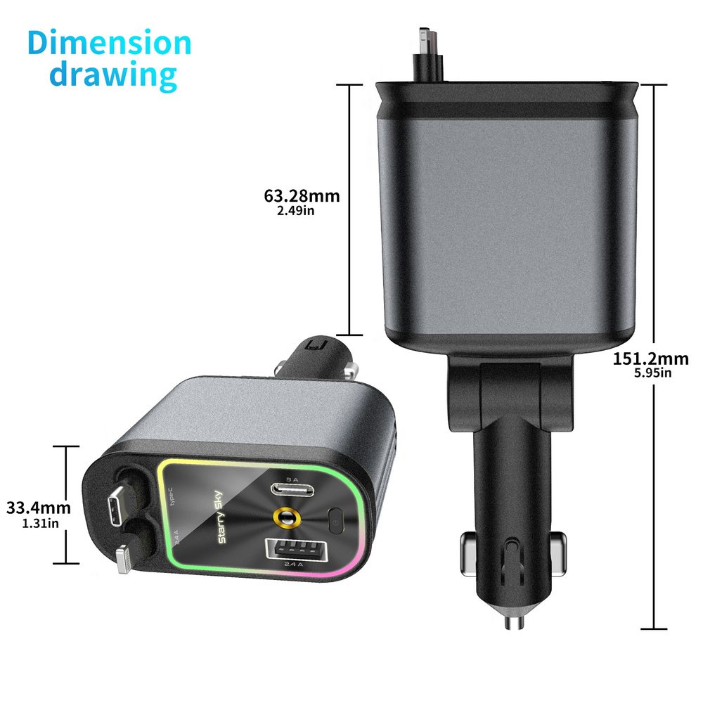 Nabíjačka do auta 4v1 s 2 výsuvnými káblami USB-C + Lightning, PD, QC 3.0, sivá