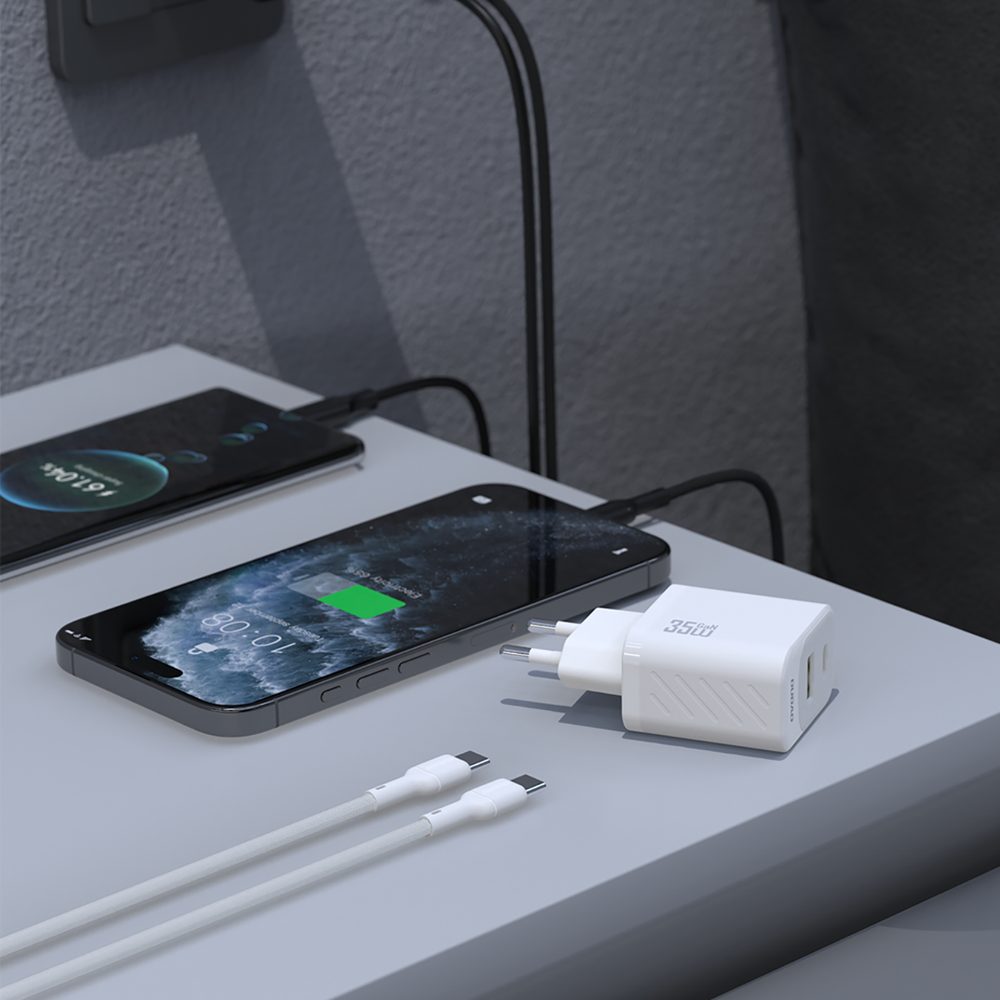 Dudao A27MaxCEU nabíjačka USB-A + USB-C s USB-C káblom, PD QC 35W, biela